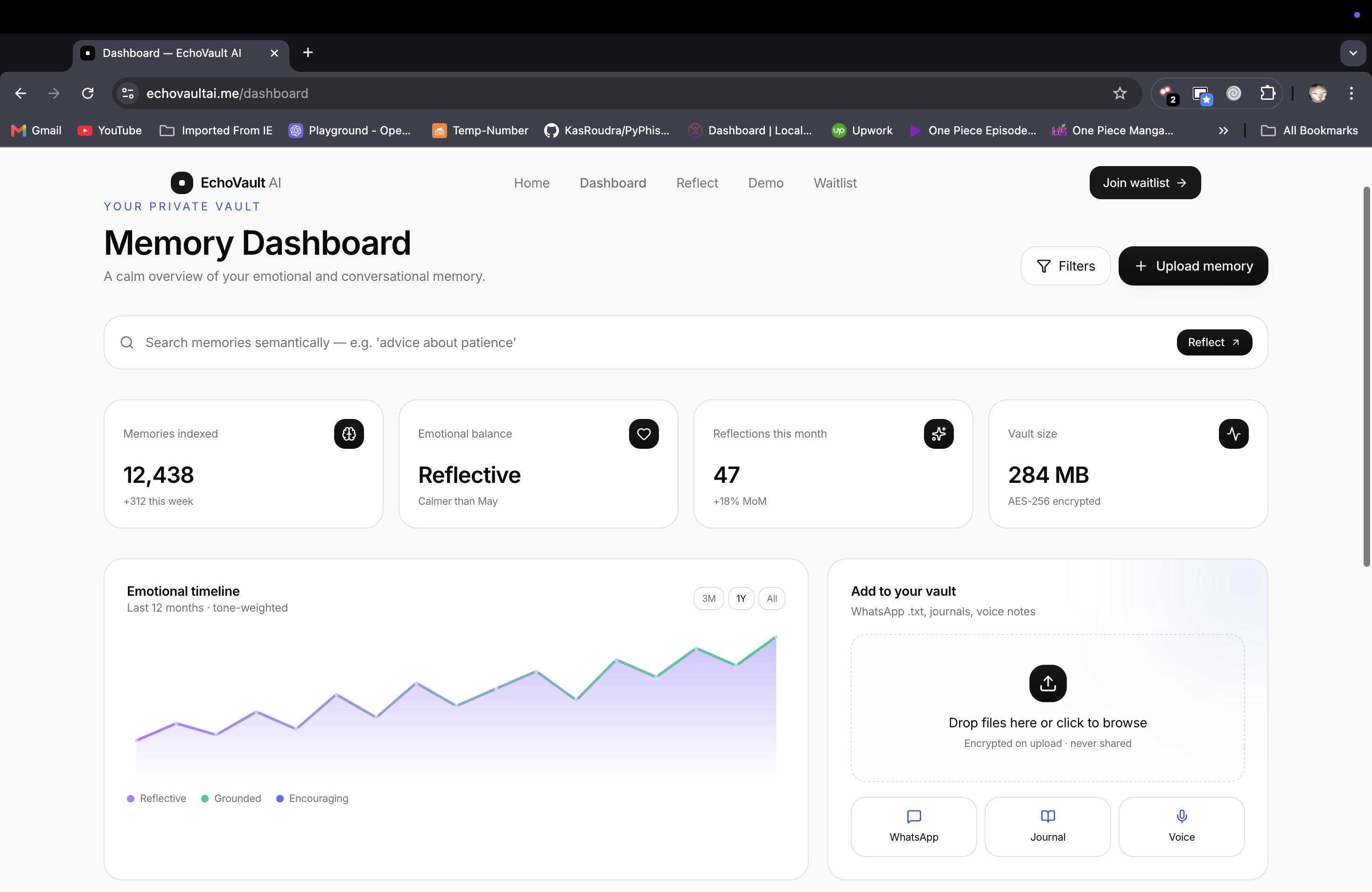 Memory dashboard — semantic search, emotional timeline, AES-256 encrypted vault.