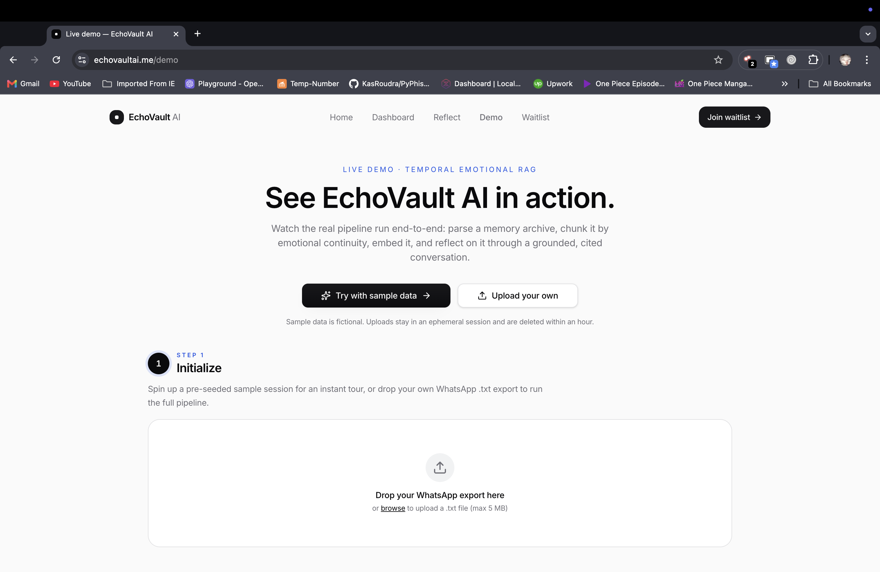 Live demo entry — try the Temporal Emotional RAG pipeline on synthetic data or your own export.