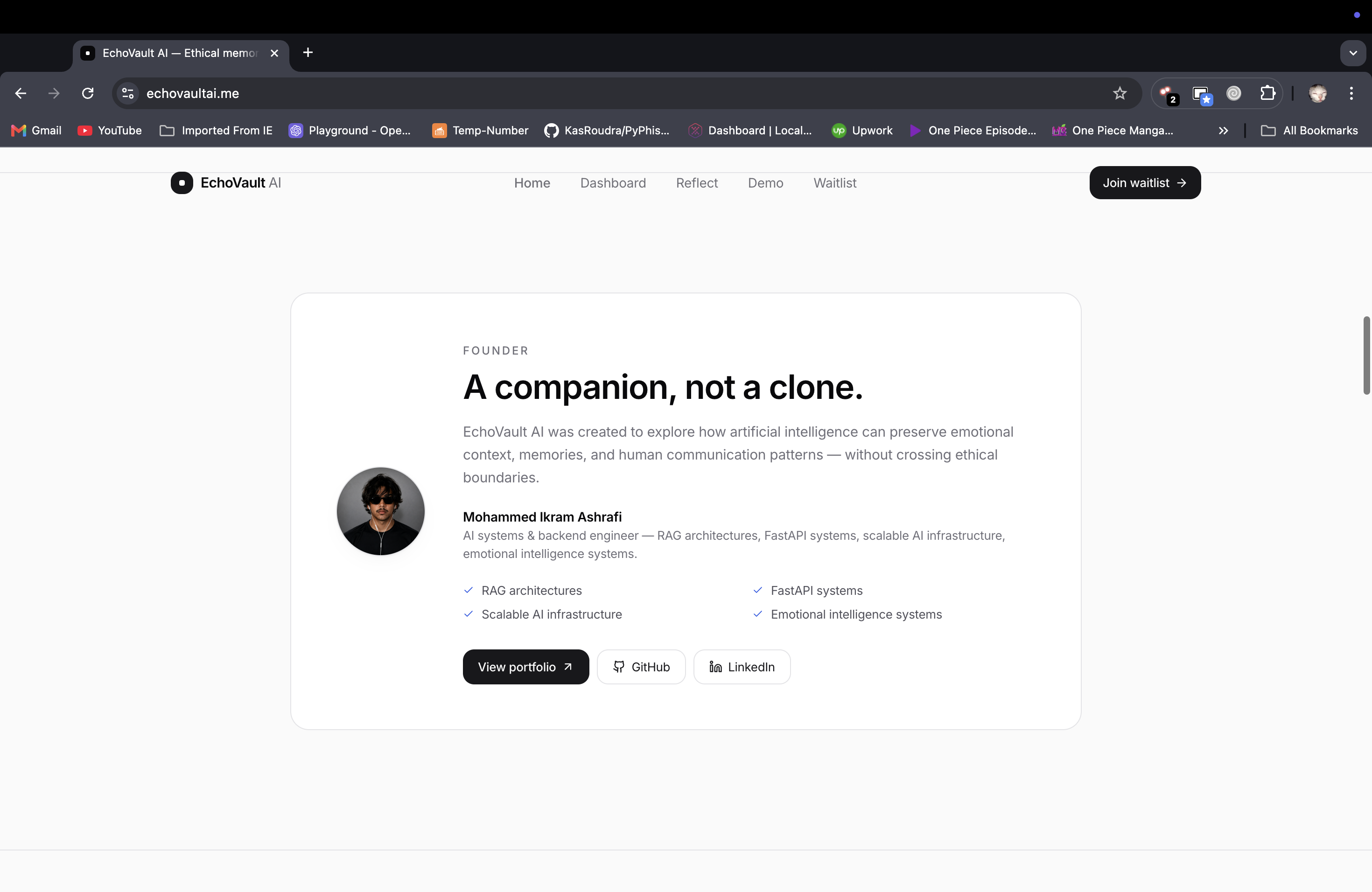 Founder note — analytical companion, not a clone. Ethical commitments stated upfront.